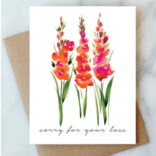 Load image into Gallery viewer, White "Sorry for your loss" card with pink and orange watercolor flowers, shown with a kraft paper envelope.
