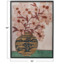 Load image into Gallery viewer, Wooden framed artwork of vase with pink flowers and the dimensions 36&quot; x 48&quot;, on white background.  