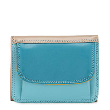 Load image into Gallery viewer, A blue with cream mini tri-fold leather wallet, displayed against a white background.