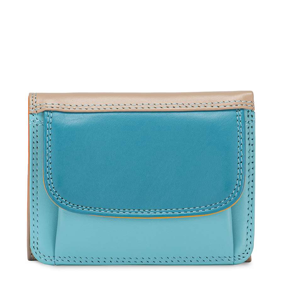 A blue with cream mini tri-fold leather wallet, displayed against a white background.