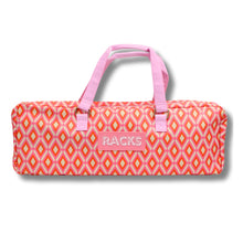 Load image into Gallery viewer, Pink and coral patterned Mahjong carrying bag with light pink top handles and a pink rectangular patch reading "RACKS," displayed on a white background.