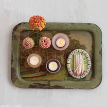 Load image into Gallery viewer, Vintage-style tray with candles, flowers, and matches on a textured white background.