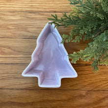 Load image into Gallery viewer, Purple stoneware tree-shaped bowl displayed on a wooden surface with greenery on the right side. 