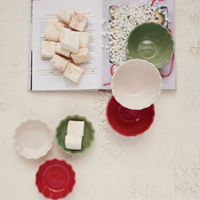 Load image into Gallery viewer, Decorative arrangement of small green,white, and red ceramic bowls with marshmallows and an opened cookbook on a white textured surface.