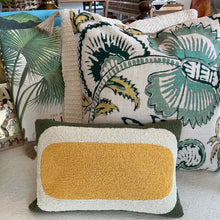 Load image into Gallery viewer, Cotton Botanical Pillow, slubbed large square cotton throw pillow with botanical pattern in shades of teal, mustard, and deep green, styled with a small beaded rectangular lumbar pillow in mustard and cream with dark green edges in front and layered pillows behind.