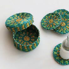 Load image into Gallery viewer, Woven coaster holder with lid and matching coasters on a white background.