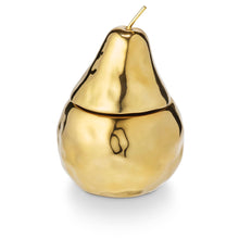 Load image into Gallery viewer, Gilded ceramic pear-shaped candle with a removable lid and gold stem, displayed against a white background. 