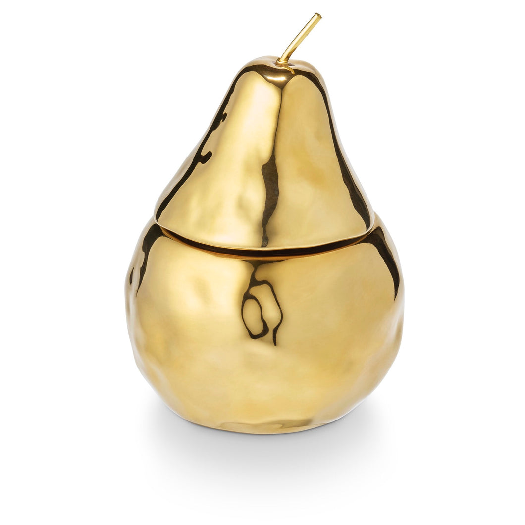 Gilded ceramic pear-shaped candle with a removable lid and gold stem, displayed against a white background. 