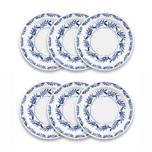 Load image into Gallery viewer, Six white melamine dinner plates with a blue floral pattern, shown in an overlapping arrangement, on a white background. 