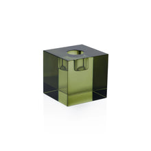 Load image into Gallery viewer, Single small green square crystal glass taper candle holder displayed against a white background. 