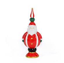 Load image into Gallery viewer, Hand-painted ceramic Santa Claus cookie jar in red with white stripes and gold star accents, green gloves, and a tall red, white, and green finial, displayed against a white background.  