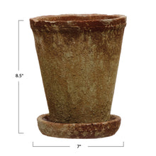 Load image into Gallery viewer, A brown distressed cement planter with a saucer, showing its measurements 8.5&quot; x 7&quot; , on a white background.