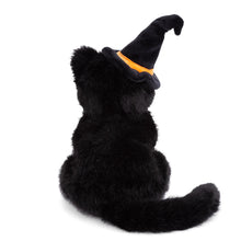 Load image into Gallery viewer, Backside of a plush black cat with a long black tail wearing a black witch hat with an orange band. Displayed against a white background. 