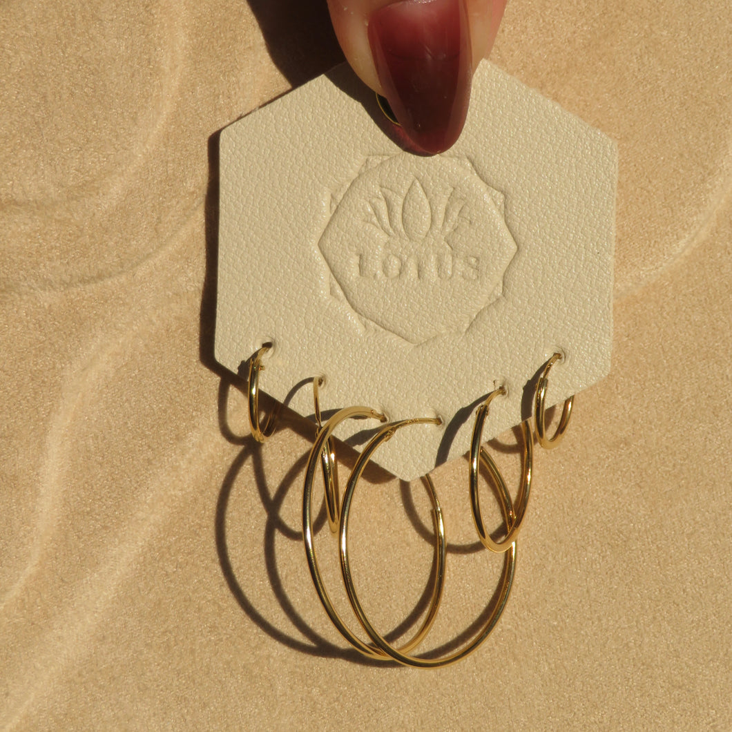Gold-tone hoop earring set in multiple sizes displayed on a cream LOTUS card held against a textured tan surface. 