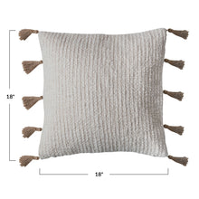 Load image into Gallery viewer, Natural Linen Pillow, neutral-tone linen and cotton pillow with 5 jute tassels along each side and measurement graphic against white background. 