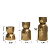 Load image into Gallery viewer, Three gold decorative vases with measurements on a white background