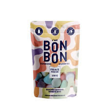 Load image into Gallery viewer, C'est Bon Bon rainbow gummies pouch with multicolor abstract pattern packaging with assorted candies visible inside. 