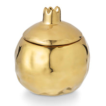 Load image into Gallery viewer, Gilded ceramic pomegranate-shaped candle with a removable lid featuring a crown top, displayed against a white background. 