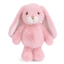 Load image into Gallery viewer, Jumpy Bunny soft pink plushie with long floppy ears, white muzzle, small tan nose, and fluffy rounded body displayed on a white background.