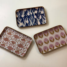 Load image into Gallery viewer, Three rectangular enameled trays with assorted patterns and painted gold edging on a white background.