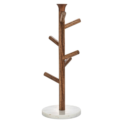 Branch coffee mug stand with a white marble base. White background. 