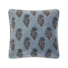 Load image into Gallery viewer, Square velvet throw pillow in a dusty blue tone featuring a repeating Mughal floral pattern in brown and teal, photographed on a white background.