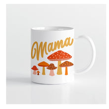 Load image into Gallery viewer, White coffee mug with polka-dotted mushrooms and yellow text that reads &quot;Mama&quot;. White background. 