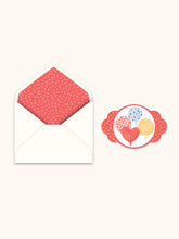 Load image into Gallery viewer, An opened white envelope with a pink and  yellow confetti interior ,next to a sticker seal with blue, red, yellow, and pink balloons on a white background and pink with yellow confetti sides. Both are against a white background. 