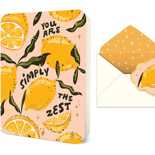Light pink greeting card with illustrated yellow lemons, green leaves, and black text reading 