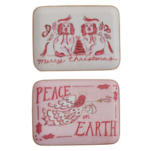 Load image into Gallery viewer, Enameled Metal Tray with Holiday Saying, Image &amp; Gold Edge, 2 Styles
