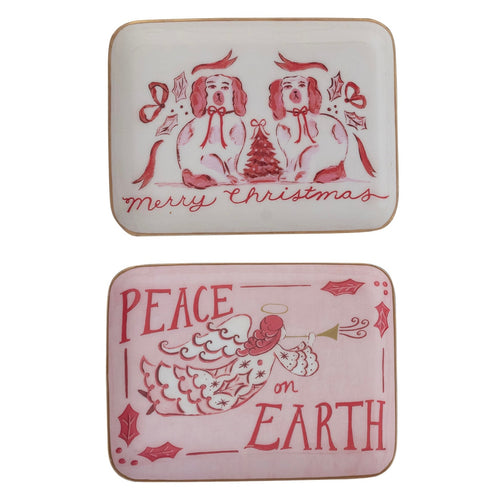 Enameled Metal Tray with Holiday Saying, Image & Gold Edge, 2 Styles