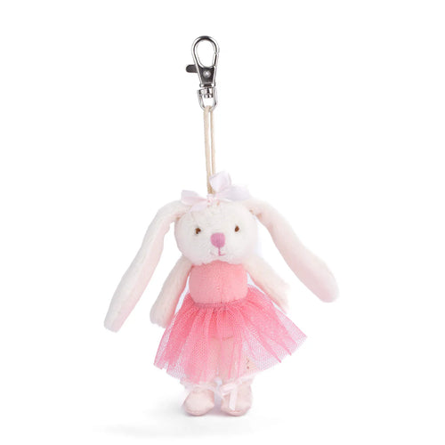 Plush white bunny bag charm wearing a pink tulle ballerina dress with long floppy ears, a pink nose, a small white bow, and white slippers,  hanging from a silver lobster-clasp clip against a white background.  