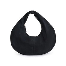 Load image into Gallery viewer, Black suede crescent-shaped hobo bag with subtle topstitching, displayed against a white background. 