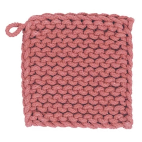 A square pink crocheted potholder with a hanging loop in upper left corner , against a white background.