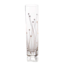 Load image into Gallery viewer, Clear glass champagne flute with gold dandelion decals on curved lines displayed on a white background.