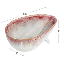 Load image into Gallery viewer, Red and white ceramic glazed bowl with 6.5&quot; x 4&quot;x 3&quot; measurements on a white background.