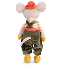 Load image into Gallery viewer, Back view of a plush mouse with soft beige fur, floppy ears, and a short tail, dressed in a coral velvet hat, coral-and-white striped shirt, and green corduroy overalls with crossed straps. The mouse has mustard-colored hands and feet and is shown against a white background.