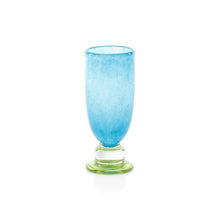 Load image into Gallery viewer, ZODAK Antibes Mimosa Bellini glass in translucent blue bubble glass with a clear stem and green pedestal base, displayed on a white background.