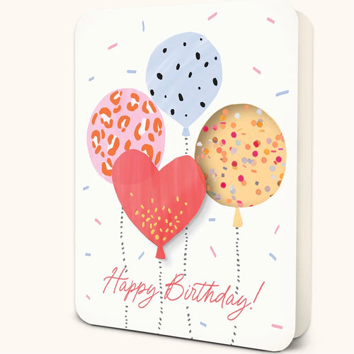 A slightly opened white greeting card with four colorful balloons, pink and blue confetti, and 