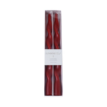 Load image into Gallery viewer, Set of two 12-inch crimson red twist taper candles in a clear box with a white Lumiere label, displayed against a white background.   