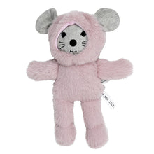Load image into Gallery viewer, Gray plush mouse doll with black embroidered facial features and large rounded ears, paired with a soft pink fuzzy body and hood, displayed against a white background.