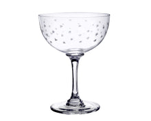 Load image into Gallery viewer, Stemmed wine glass with small stars etched in it. White background