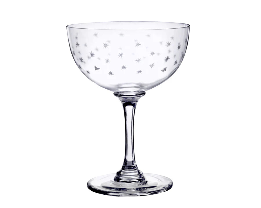 Stemmed wine glass with small stars etched in it. White background