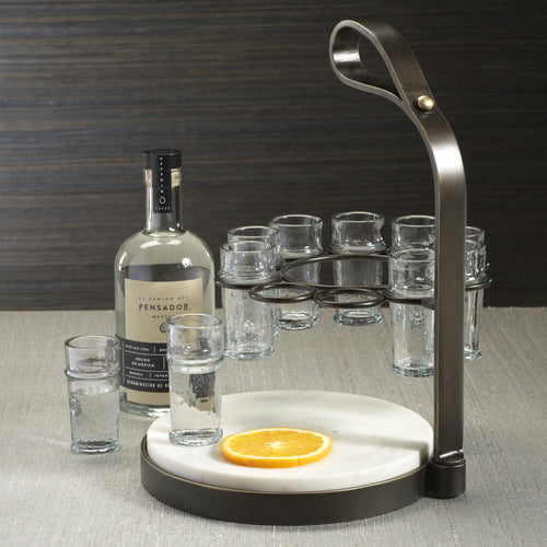 ZODAX Tequilero 10 Shot Tequila Set with Marble Cutting Board - Dark Bronze