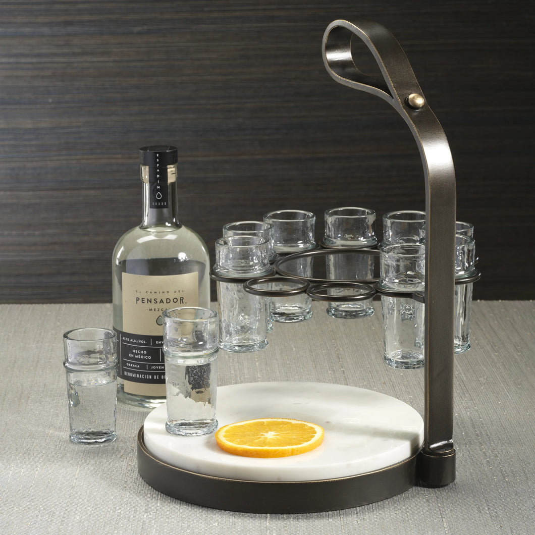 ZODAX Tequilero 10 Shot Tequila Set with Marble Cutting Board - Dark Bronze