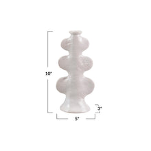Load image into Gallery viewer, White ceramic taper candle holder with an embossed design and 10&quot;x 5&quot;x 3&quot; measurements on a white background.