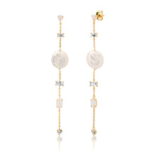 Load image into Gallery viewer, Gold-plated baroque duster earrings with clear baguette stones on a white background. 