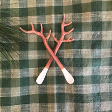 Load image into Gallery viewer, Two small matcha spoon with the handle in a shape of an antler. Background is a green checked cloth. 