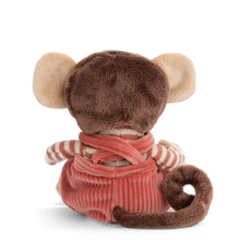 Load image into Gallery viewer, Plush stuffed animal shown from the back, with soft brown fur, cream-colored round ears, a brown curled tail, and a brown head. It is wearing a striped salmon and cream colored long sleeve top and salmon-colored corduroy overalls with crossed straps. Displayed against a white background. 