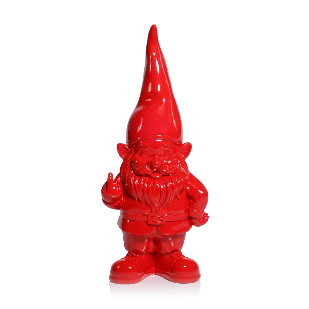 Large glossy red gnome figurine with a tall pointed hat, beard, and belt, playfully holding up a middle finger, displayed against a white background. 
